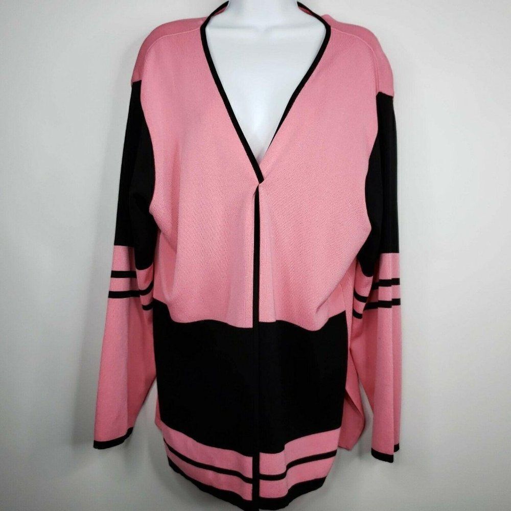 Marlis Womens Size L Pink Black Open Front Cardigan Sweater Viscose Knit